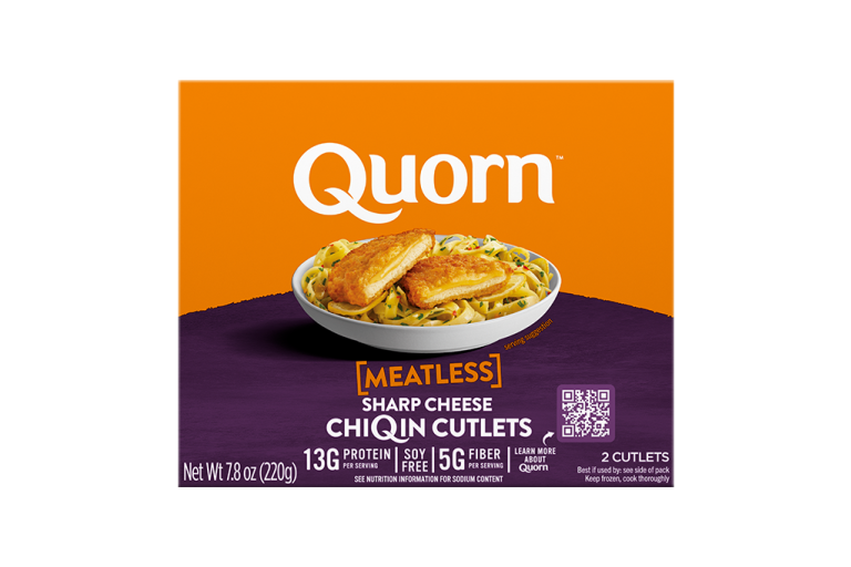 A box of Quorn Meatless Sharp Cheese Cutlets showing the product and product information on an orange and charcoal background.