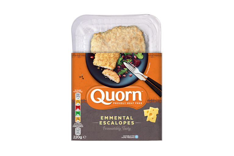 Meat free Quorn Emmental Escalope product packaging with nutritional information.