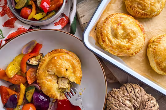 A Veggie Chicken & Cheese Pie in a white bowl with peppers, tomatoes and roasted vegetables.