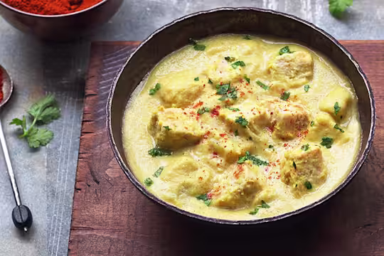 A cauliflower soup with potatoes and Quorn Pieces.