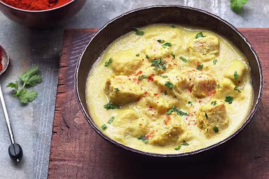A cauliflower soup with potatoes and Quorn Pieces.