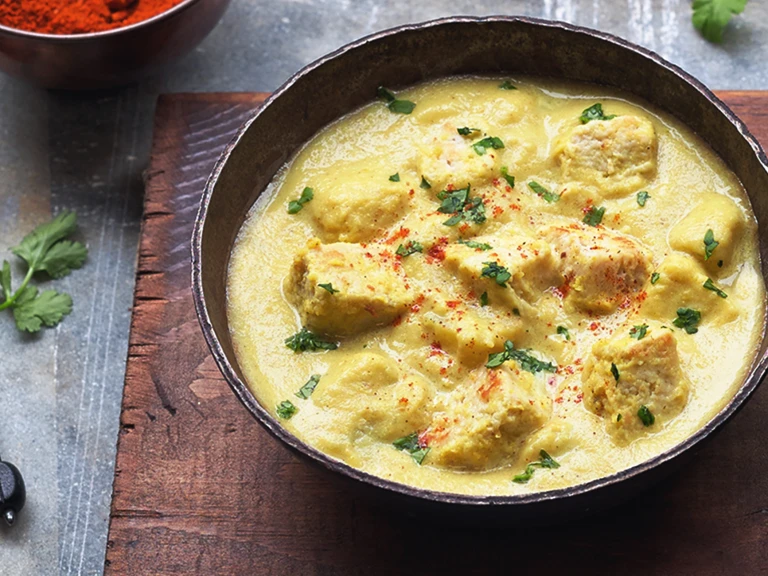 A cauliflower soup with potatoes and Quorn Pieces.