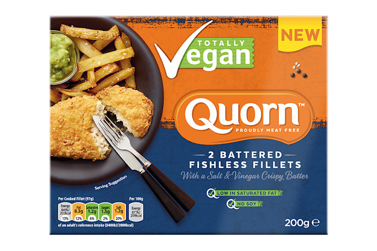 Vegan Quorn Battered Fishless Fillets product packaging with nutritional information