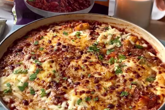 Vegetarian gnocchi lasagne with melted and browned cheese in a grey dish.