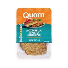 Meat free Quorn Mozzarella & Pesto Escalopes product packaging with nutritional information.