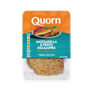 Meat free Quorn Mozzarella & Pesto Escalopes product packaging with nutritional information.