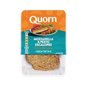 Meat free Quorn Mozzarella & Pesto Escalopes product packaging with nutritional information.
