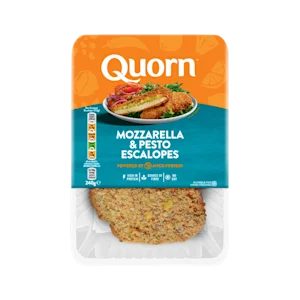 Meat free Quorn Mozzarella & Pesto Escalopes product packaging with nutritional information.