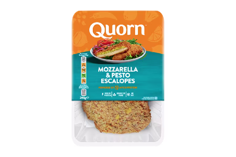Meat free Quorn Mozzarella & Pesto Escalopes product packaging with nutritional information.