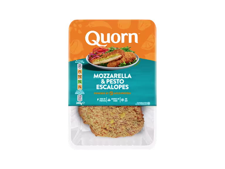 Meat free Quorn Mozzarella & Pesto Escalopes product packaging with nutritional information.