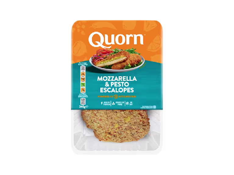 Meat free Quorn Mozzarella & Pesto Escalopes product packaging with nutritional information.