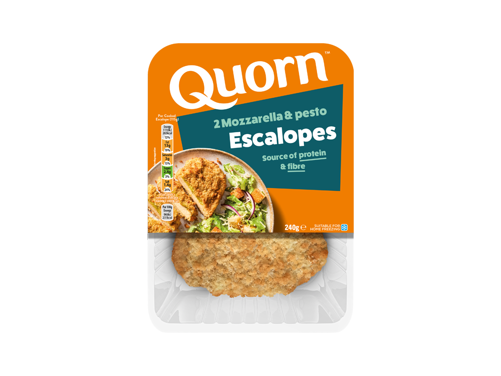 Meat free Quorn Mozzarella & Pesto Escalopes product packaging with nutritional information.