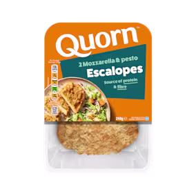 Meat free Quorn Mozzarella & Pesto Escalopes product packaging with nutritional information.