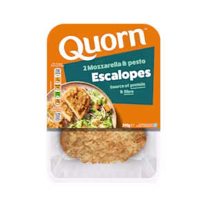 Meat free Quorn Mozzarella & Pesto Escalopes product packaging with nutritional information.