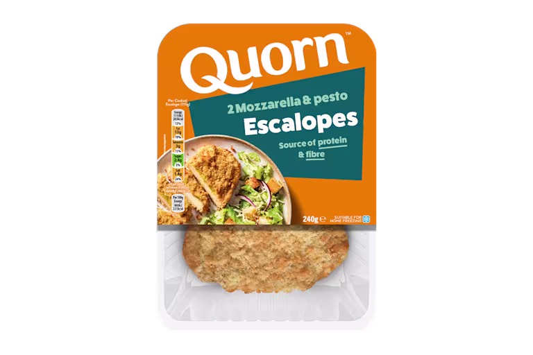 Meat free Quorn Mozzarella & Pesto Escalopes product packaging with nutritional information.