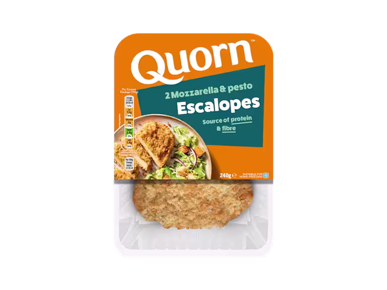 Meat free Quorn Mozzarella & Pesto Escalopes product packaging with nutritional information.