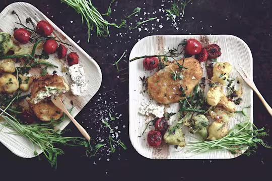 Quorn Vegetarian Schnitzel, made with Quorn Mozzarella & Pesto Escalopes, tomatoes, tempura roots and garlic dip