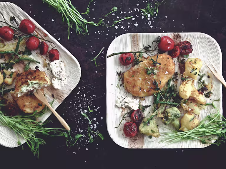 Quorn Vegetarian Schnitzel, made with Quorn Mozzarella & Pesto Escalopes, tomatoes, tempura roots and garlic dip