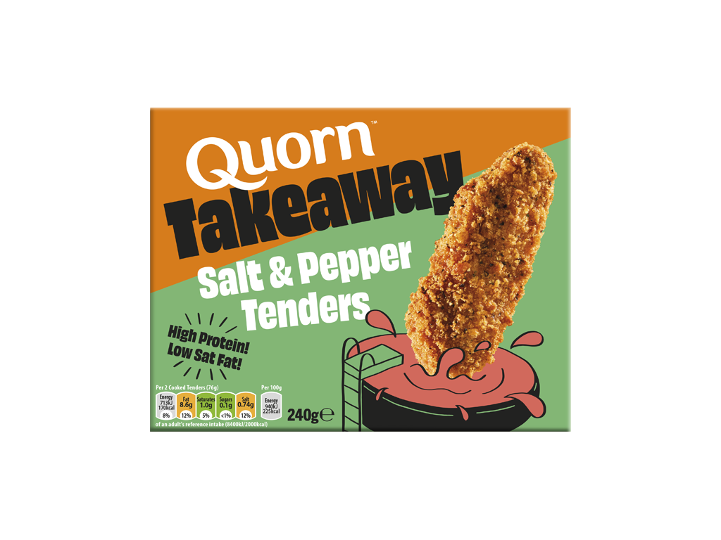 Box of Quorn Takeaway high-protein Salt & Pepper Tenders featuring a crispy seasoned vegetarian tender.