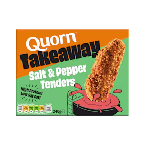 Box of Quorn Takeaway high-protein Salt & Pepper Tenders featuring a crispy seasoned vegetarian tender.