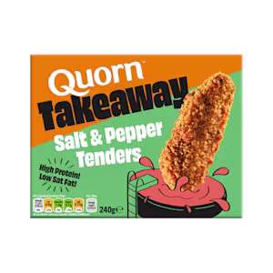 Box of Quorn Takeaway high-protein Salt & Pepper Tenders featuring a crispy seasoned vegetarian tender.