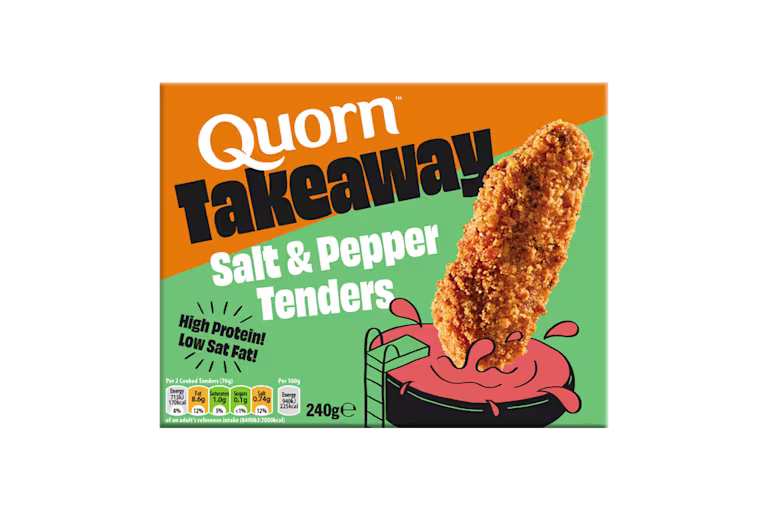 Box of Quorn Takeaway high-protein Salt & Pepper Tenders featuring a crispy seasoned vegetarian tender.