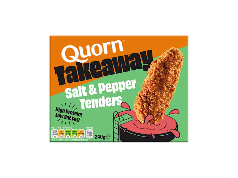 Box of Quorn Takeaway high-protein Salt & Pepper Tenders featuring a crispy seasoned vegetarian tender.