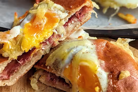 Bagel sliced in half filled with a runny egg, Quorn Finely Sliced Ham Style Slices and topped with melted cheese.