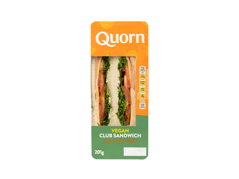 Quorn Vegan Cheese Ploughman’s Sandwich, made with Quorn Ham, dairy-free cheddar cheese, pickle and lettuce in white bread.