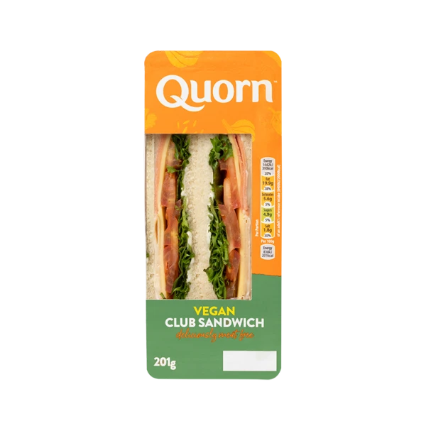 Quorn Vegan Cheese Ploughman’s Sandwich, made with Quorn Ham, dairy-free cheddar cheese, pickle and lettuce in white bread.