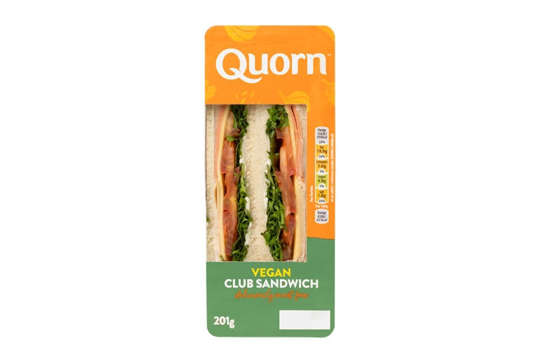 Quorn Vegan Cheese Ploughman’s Sandwich, made with Quorn Ham, dairy-free cheddar cheese, pickle and lettuce in white bread.
