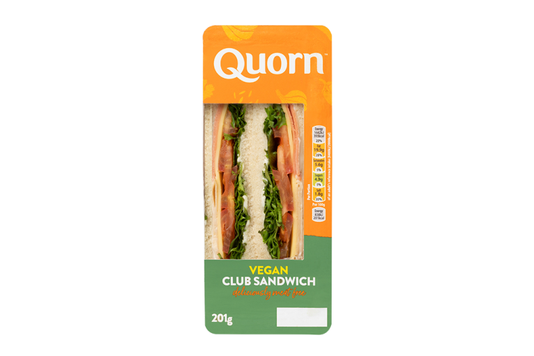 Quorn Vegan Cheese Ploughman’s Sandwich, made with Quorn Ham, dairy-free cheddar cheese, pickle and lettuce in white bread.