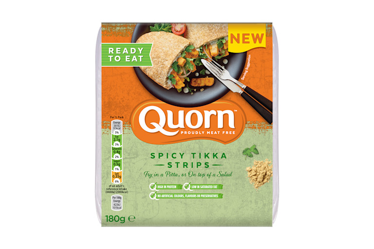 A packet of Quorn Spicy Tikka Strips showing the prepared product and information on an orange and green background.