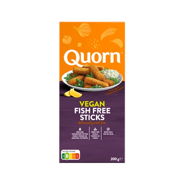 Quorn Vegan Fishless Fingers packaging with nutritional information.