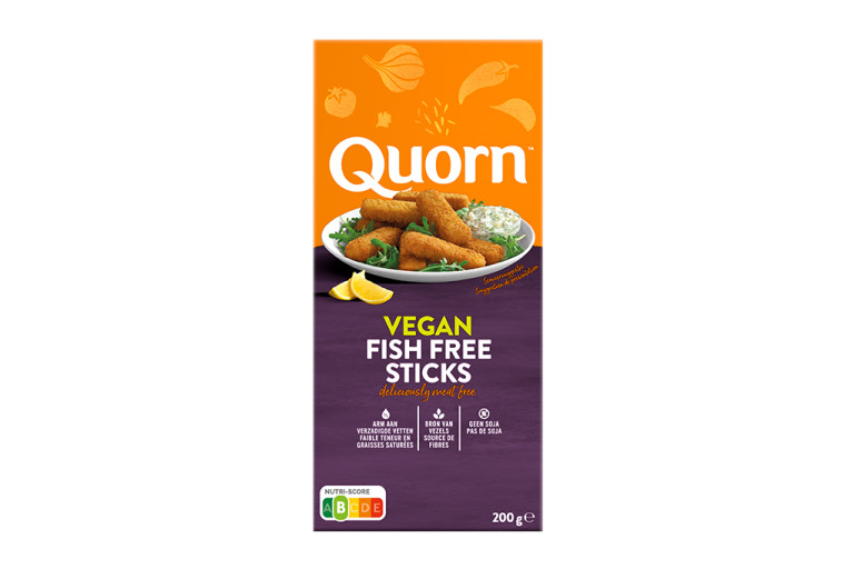 Quorn Vegan Fishless Fingers packaging with nutritional information.