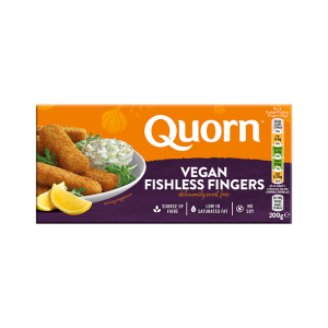 Quorn vegan fishless fingers packaging.