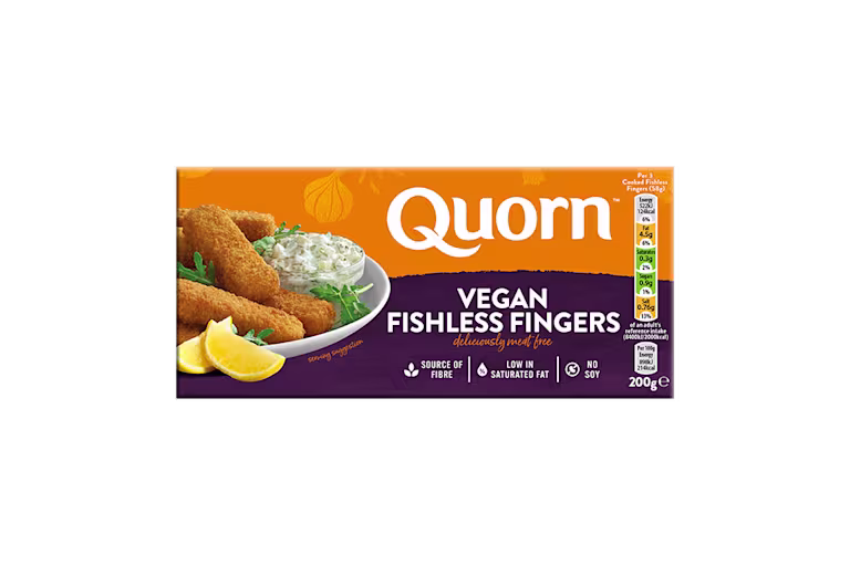 Quorn vegan fishless fingers packaging.