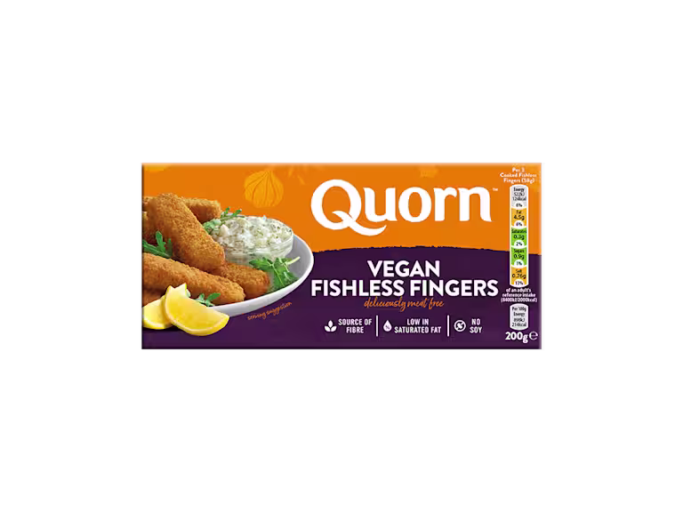 Quorn vegan fishless fingers packaging.