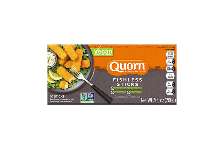 A box of Quorn Fishless Sticks showing the plated product and information on an orange and charcoal background.