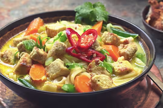 A bowl of Thai Noodle Soup with Quorn Vegan Pieces topped with sliced red chilli and sat beside a bowl of crunchy bread.