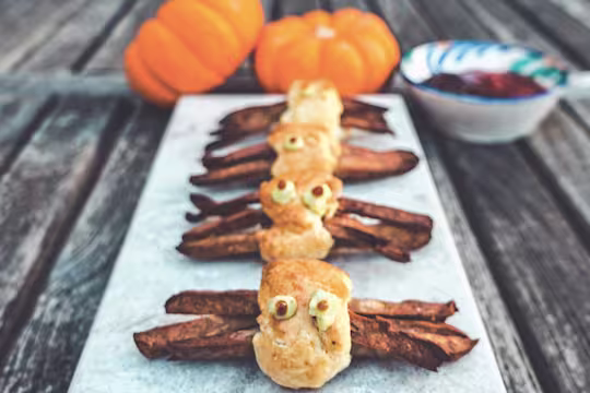 Slices of Quorn Sausage wrapped in puff pastry with guacamole and pumpkin eyes to resemble spiders.