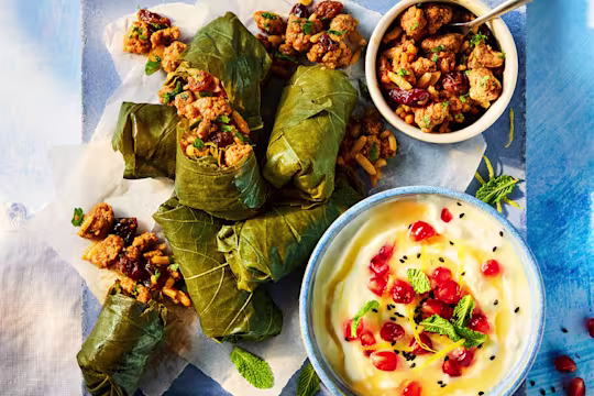 Vegetarian dolmades served on white paper with a feta dip topped with pomegranate seeds and a bowl of filling to the side.