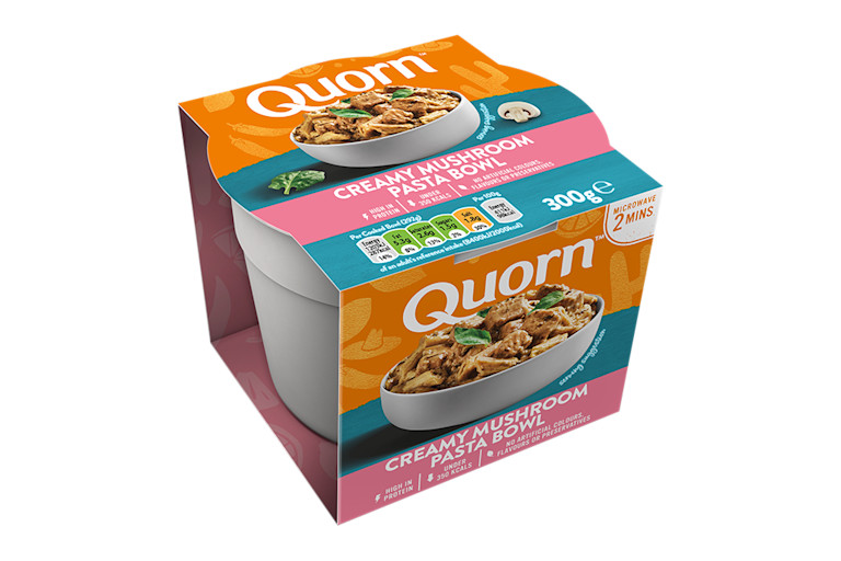 A packaged serving of Quorn Creamy Mushroom Pasta Bowl showing the prepared product and information.