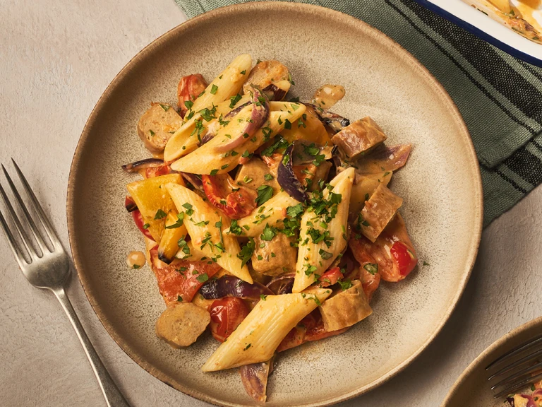 Roasted Veggie Pasta with Quorn Sausages