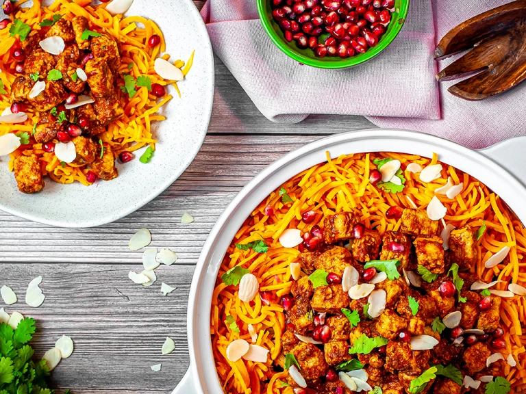 Spiralized Sweet potato spaghetti with Chraimeh spiced Quorn Pieces