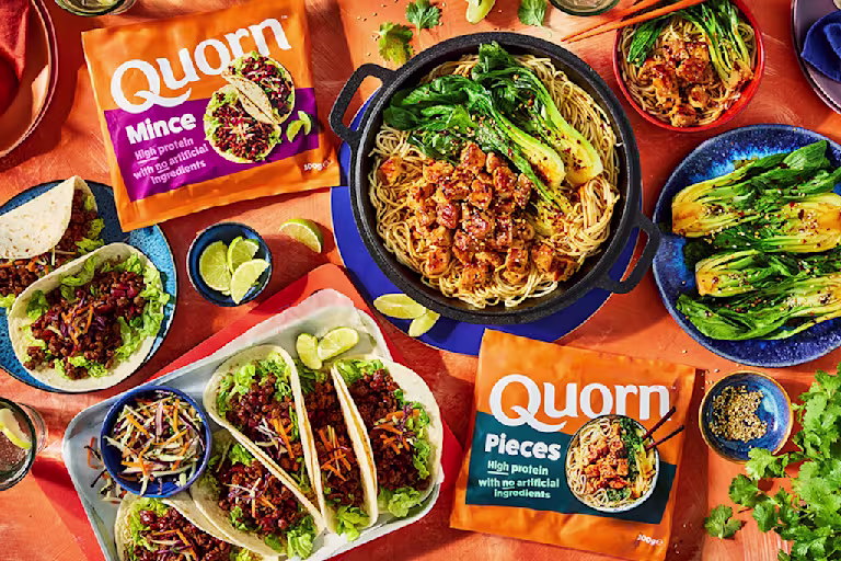 Quorn products and three bowls of prepped meals, made in minutes featuring Quorn mince and Quorn Pieces.