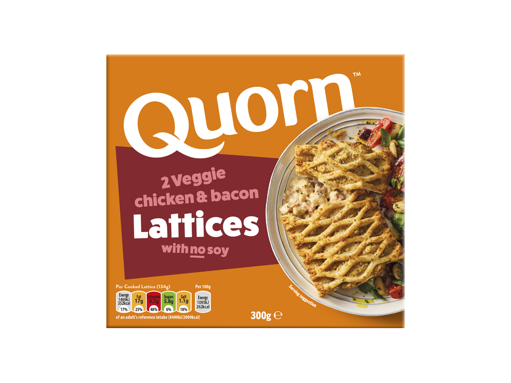 Quorn Vegetarian Chicken & Bacon Lattices packaging with nutritional information.