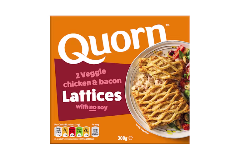 Quorn Vegetarian Chicken & Bacon Lattices packaging with nutritional information.