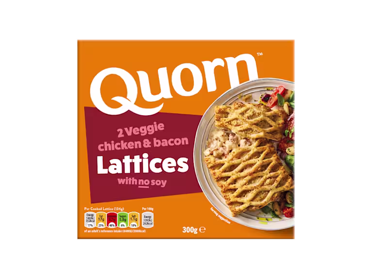 Quorn Vegetarian Chicken & Bacon Lattices packaging with nutritional information.