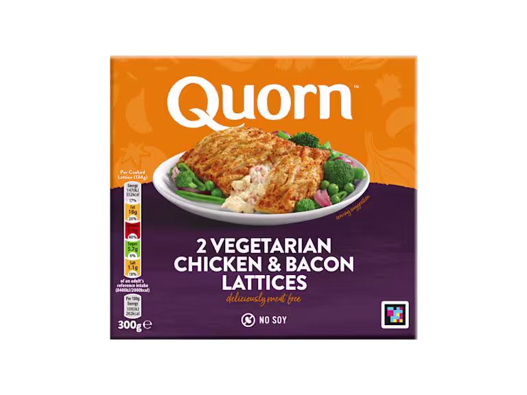 Quorn Vegetarian Chicken & Bacon Lattices packaging with nutritional information.